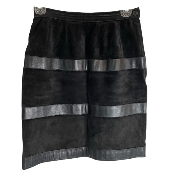 Saint Laurent Dresses & Skirts - Vintage Saint Laurent Black Suede Mini Skirt with Leather Stripes Size 36 ~ US 6